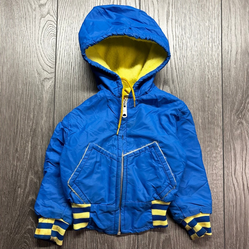 Vintage Irwin Togs Montreal Kids Blue 1980s Hooded Bomber Jacket Fleece Lined